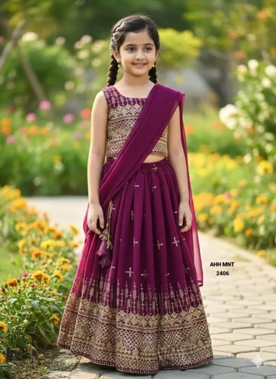 Designer Georgette Sequins Embroidered Kids Lehenga Choli Set.